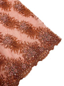 Floral Beaded Gaviota Fabric - Dark Coral - Beaded Floral Design Embroidered On Mesh Sold By Yard