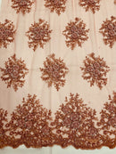 Floral Beaded Gaviota Fabric - Dark Coral - Beaded Floral Design Embroidered On Mesh Sold By Yard