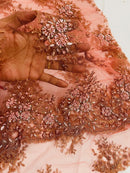 Floral Beaded Gaviota Fabric - Dark Coral - Beaded Floral Design Embroidered On Mesh Sold By Yard