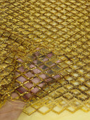 Diamond Net Sequins Fabric - Dark Gold - Geometric Diamond Net Design on Mesh Lace Fabric By Yard