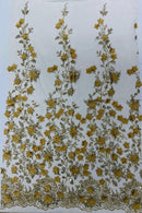 Big Flower 3D Glitter Fabric - Dark Gold - Embroidered Floral Sequins Design Fabric by Yard