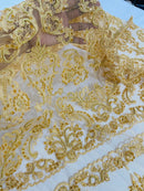 My Lady Beaded Fabric - Dark Gold - Damask Beaded Sequins Embroidered Fabric By Yard