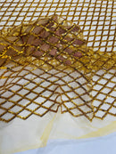Diamond Net Sequins Fabric - Dark Gold - Geometric Diamond Net Design on Mesh Lace Fabric By Yard