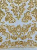 My Lady Beaded Fabric - Dark Gold - Damask Beaded Sequins Embroidered Fabric By Yard