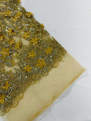 Big Flower 3D Glitter Fabric - Dark Gold - Embroidered Floral Sequins Design Fabric by Yard