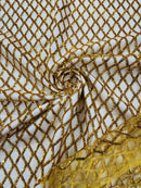 Diamond Net Sequins Fabric - Dark Gold - Geometric Diamond Net Design on Mesh Lace Fabric By Yard
