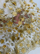 Big Flower 3D Glitter Fabric - Dark Gold - Embroidered Floral Sequins Design Fabric by Yard