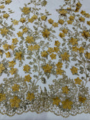 Big Flower 3D Glitter Fabric - Dark Gold - Embroidered Floral Sequins Design Fabric by Yard