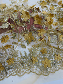 Big Flower 3D Glitter Fabric - Dark Gold - Embroidered Floral Sequins Design Fabric by Yard