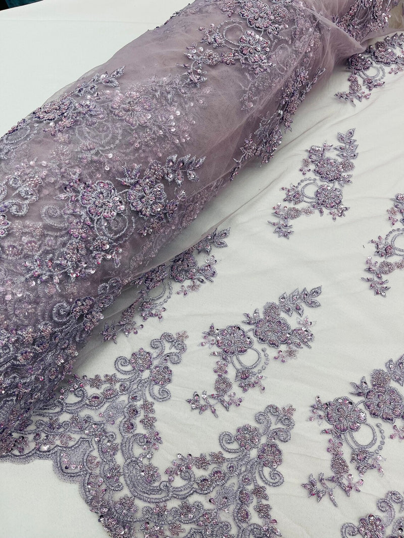 Floral Cluster Beaded Fabric - Dark Lavender - Embroidered Flower Beaded Fabric Sold By Yard