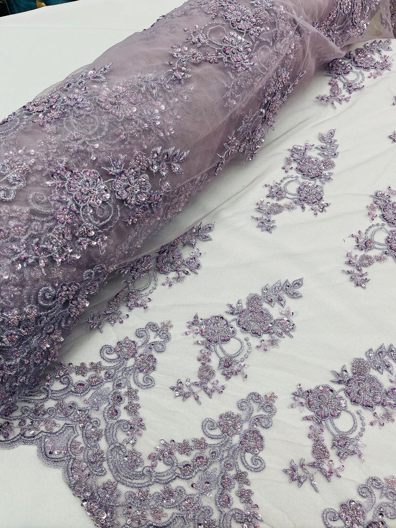 Floral Cluster Beaded Fabric - Dark Lavender - Embroidered Flower Beaded Fabric Sold By Yard