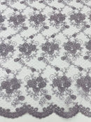 Jasmine Flower Fabric - Dark Lilac - Embroidered Floral Design Lace Mesh Bridal Fabric By Yard