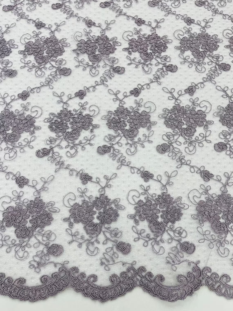 Jasmine Flower Fabric - Dark Lilac - Embroidered Floral Design Lace Mesh Bridal Fabric By Yard