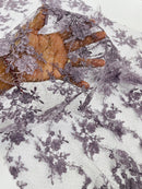Floral Cluster Corded Fabric -  Dark Lilac - Fancy Flower Embroidery Lace Mesh Fabric By Yard
