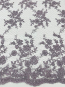 Floral Cluster Corded Fabric -  Dark Lilac - Fancy Flower Embroidery Lace Mesh Fabric By Yard