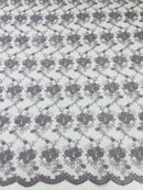 Jasmine Flower Fabric - Dark Lilac - Embroidered Floral Design Lace Mesh Bridal Fabric By Yard