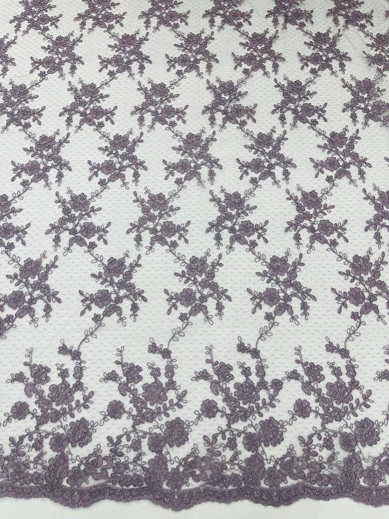 Floral Cluster Corded Fabric -  Dark Lilac - Fancy Flower Embroidery Lace Mesh Fabric By Yard