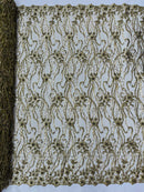 Flower Lines Bead Fabric - Dark Olive  - Beaded Flower Fabric with Curled Long Lines Pattern By Yard