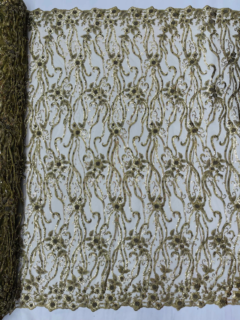 Flower Lines Bead Fabric - Dark Olive  - Beaded Flower Fabric with Curled Long Lines Pattern By Yard