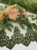 Floral Cluster Beaded Fabric - Dark Olive - Embroidered Flower Beaded Fabric Sold By Yard