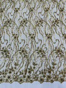 Flower Lines Bead Fabric - Dark Olive  - Beaded Flower Fabric with Curled Long Lines Pattern By Yard