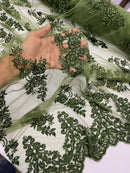 Floral Cluster Beaded Fabric - Dark Olive - Embroidered Flower Beaded Fabric Sold By Yard