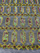 Geometric Stretch Sequin - Dark Olive Iridescent - Fancy Gem Design on Mesh By Yard