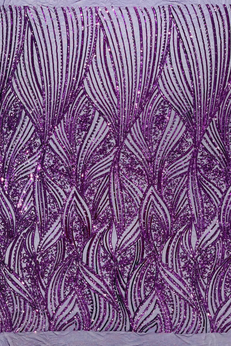 Curvy Design Sequins Fabric - Dark Purple - 4 Way Stretch Curvy Sequins Design Mesh Fabric by Yard