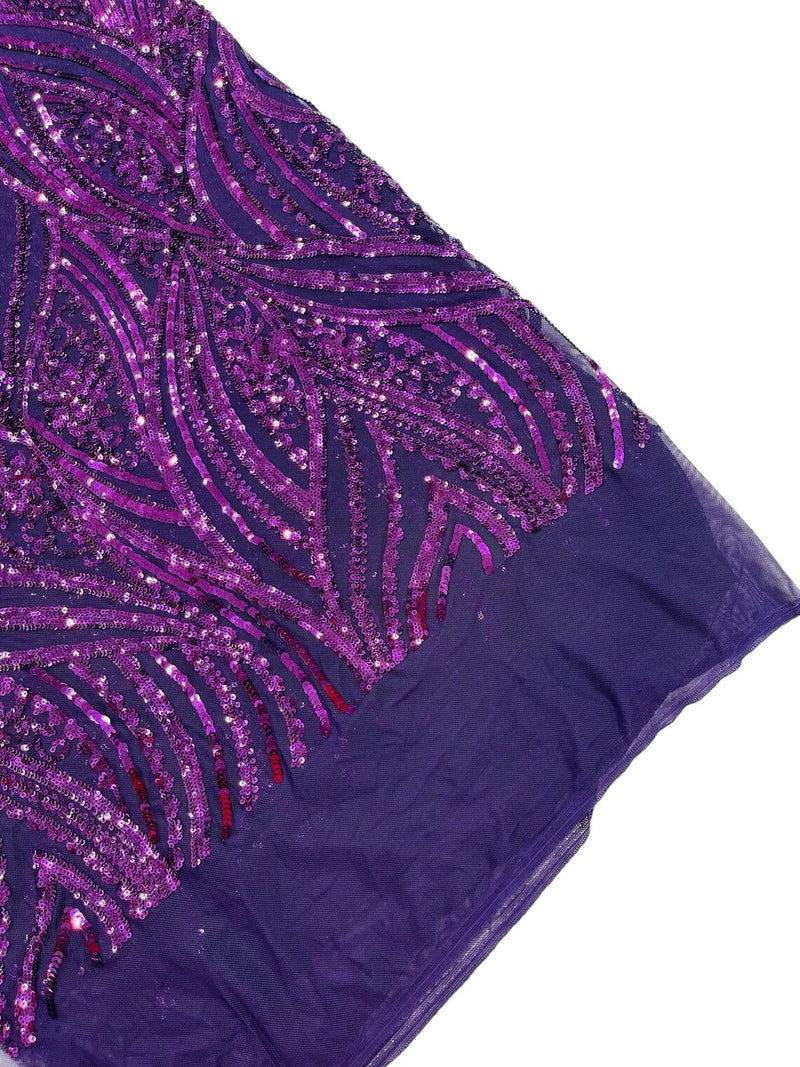 Curvy Design Sequins Fabric - Dark Purple - 4 Way Stretch Curvy Sequins Design Mesh Fabric by Yard