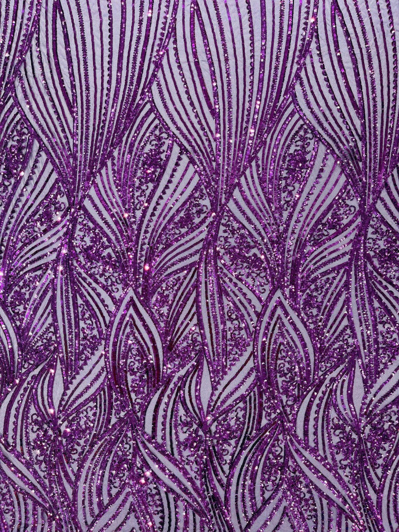 Curvy Design Sequins Fabric - Dark Purple - 4 Way Stretch Curvy Sequins Design Mesh Fabric by Yard