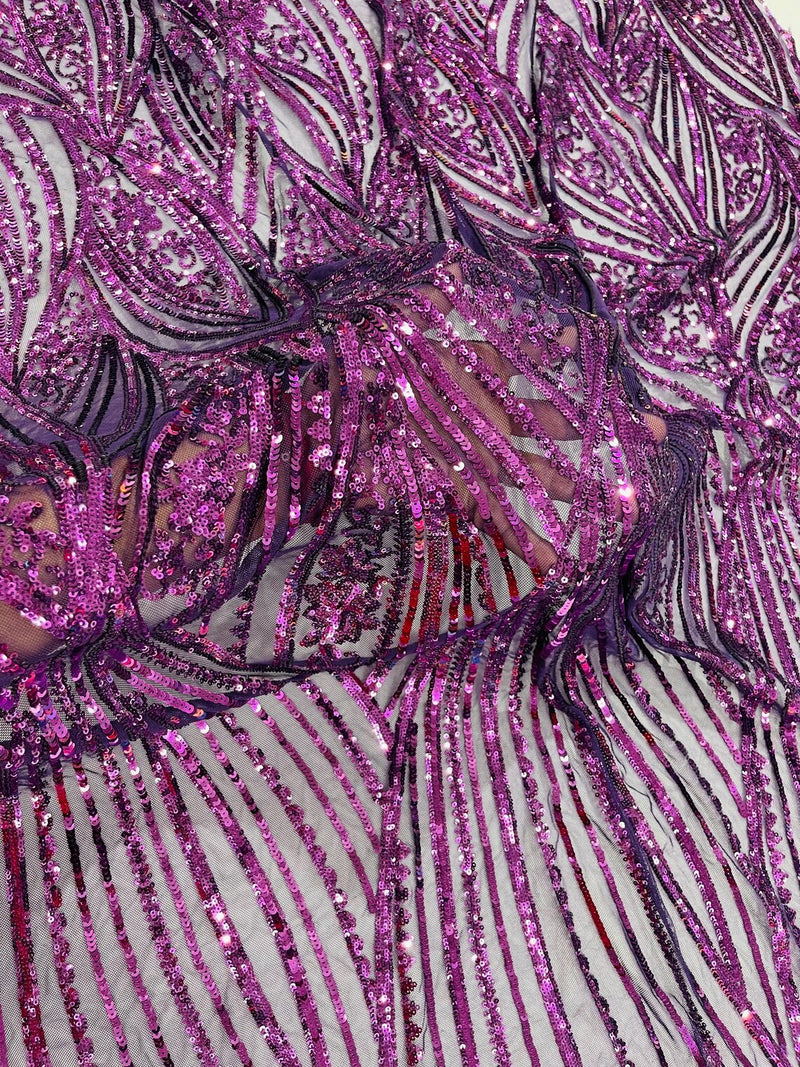 Curvy Design Sequins Fabric - Dark Purple - 4 Way Stretch Curvy Sequins Design Mesh Fabric by Yard