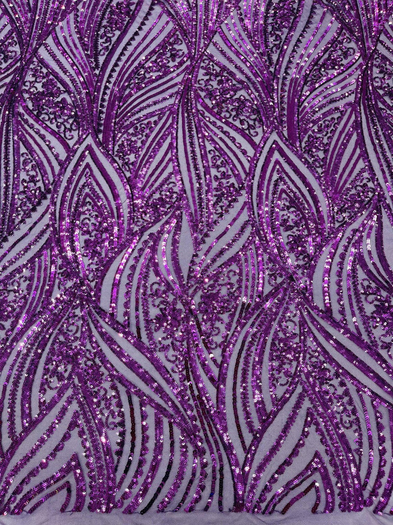 Curvy Design Sequins Fabric - Dark Purple - 4 Way Stretch Curvy Sequins Design Mesh Fabric by Yard