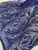 Leaf Stretch Sequins Fabric - Dark Royal Blue - 4 Way Stretch Sequins on Lace Mesh Fabric by Yard