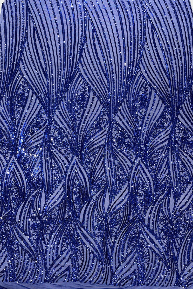 Curvy Design Sequins Fabric - Dark Royal Blue - 4 Way Stretch Curvy Sequins Design Mesh Fabric by Yard