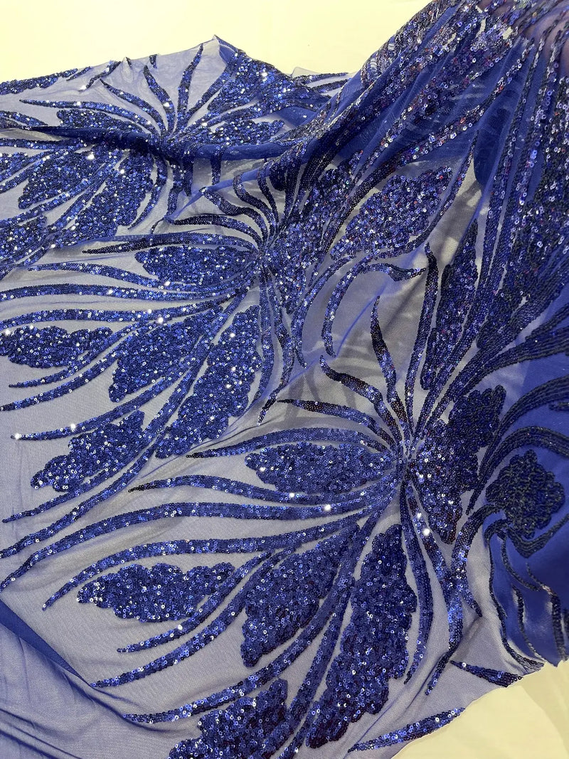 Wavy Leaf Design Fabric - Dark Royal Blue - 4 Way Stretch Sequins Lace Mesh Leaf Design Fabric by Yard