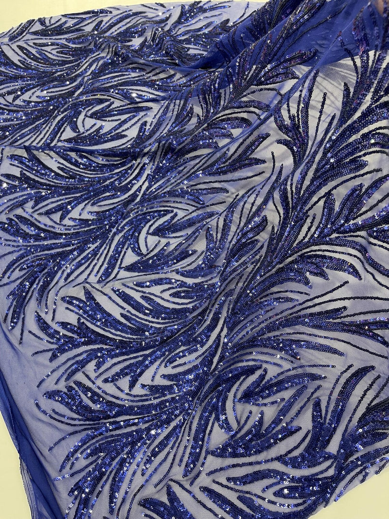 Leaf Stretch Sequins Fabric - Dark Royal Blue - 4 Way Stretch Sequins on Lace Mesh Fabric by Yard