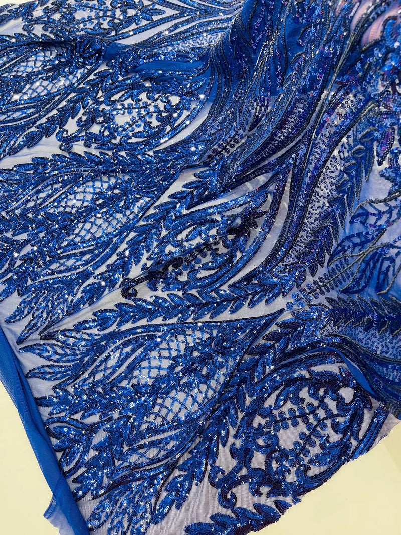 Mermaid Design Fabric - Dark Royal Blue - 4 Way Stretch Sequins Fabric on Lace Mesh Sold By Yard