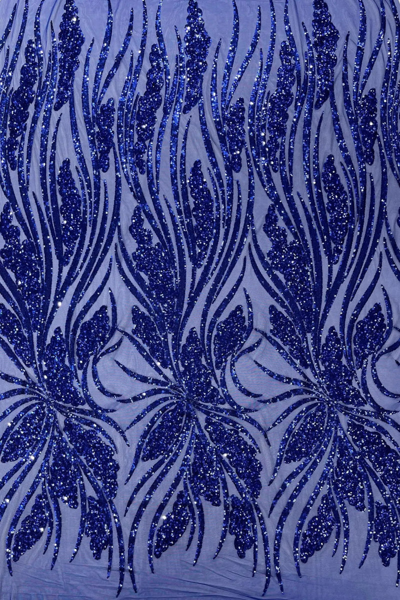 Wavy Leaf Design Fabric - Dark Royal Blue - 4 Way Stretch Sequins Lace Mesh Leaf Design Fabric by Yard