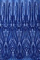 Mermaid Design Fabric - Dark Royal Blue - 4 Way Stretch Sequins Fabric on Lace Mesh Sold By Yard