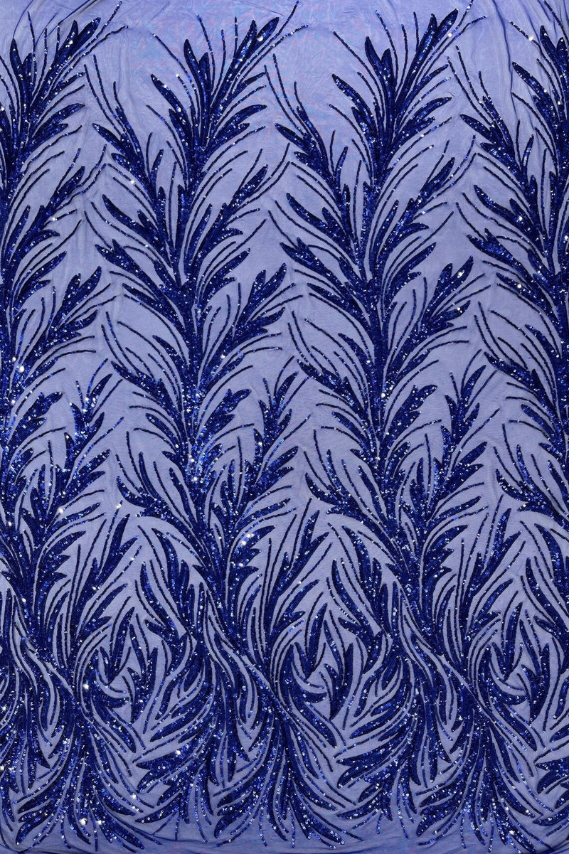 Leaf Stretch Sequins Fabric - Dark Royal Blue - 4 Way Stretch Sequins on Lace Mesh Fabric by Yard