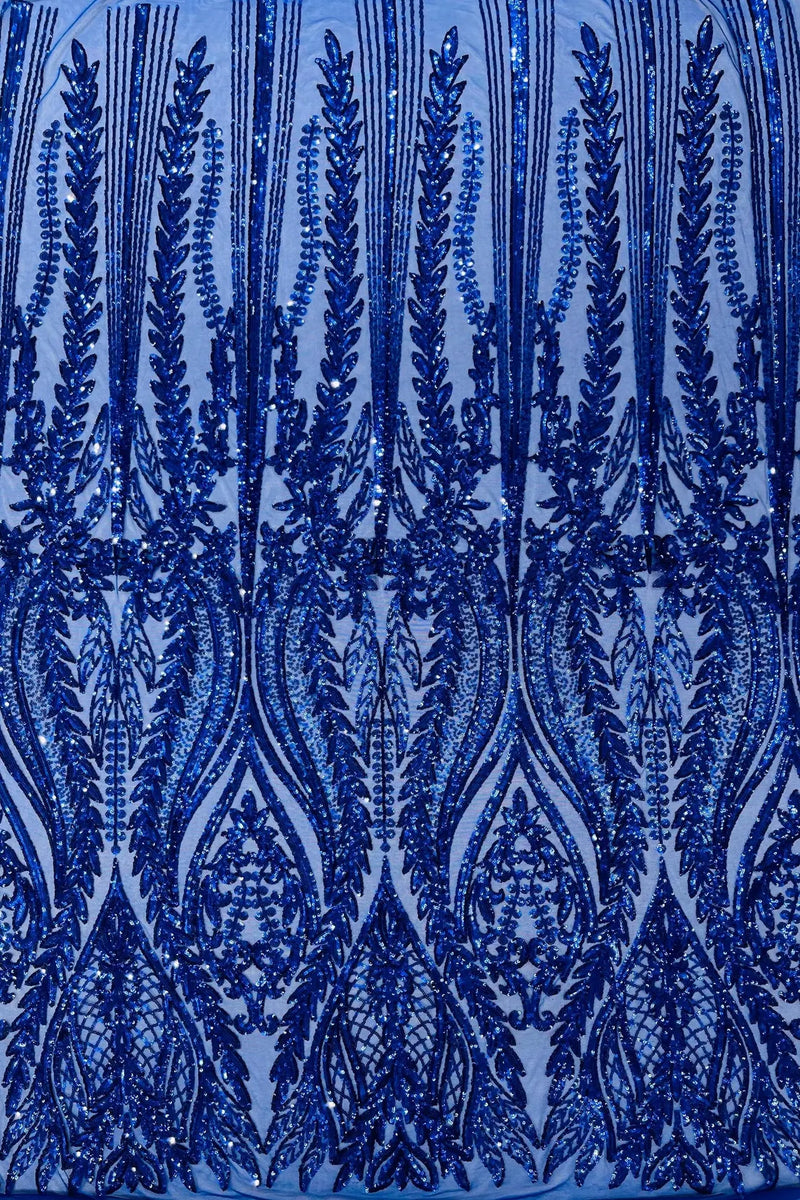 Mermaid Design Fabric - Dark Royal Blue - 4 Way Stretch Sequins Fabric on Lace Mesh Sold By Yard