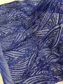 Curvy Design Sequins Fabric - Dark Royal Blue - 4 Way Stretch Curvy Sequins Design Mesh Fabric by Yard