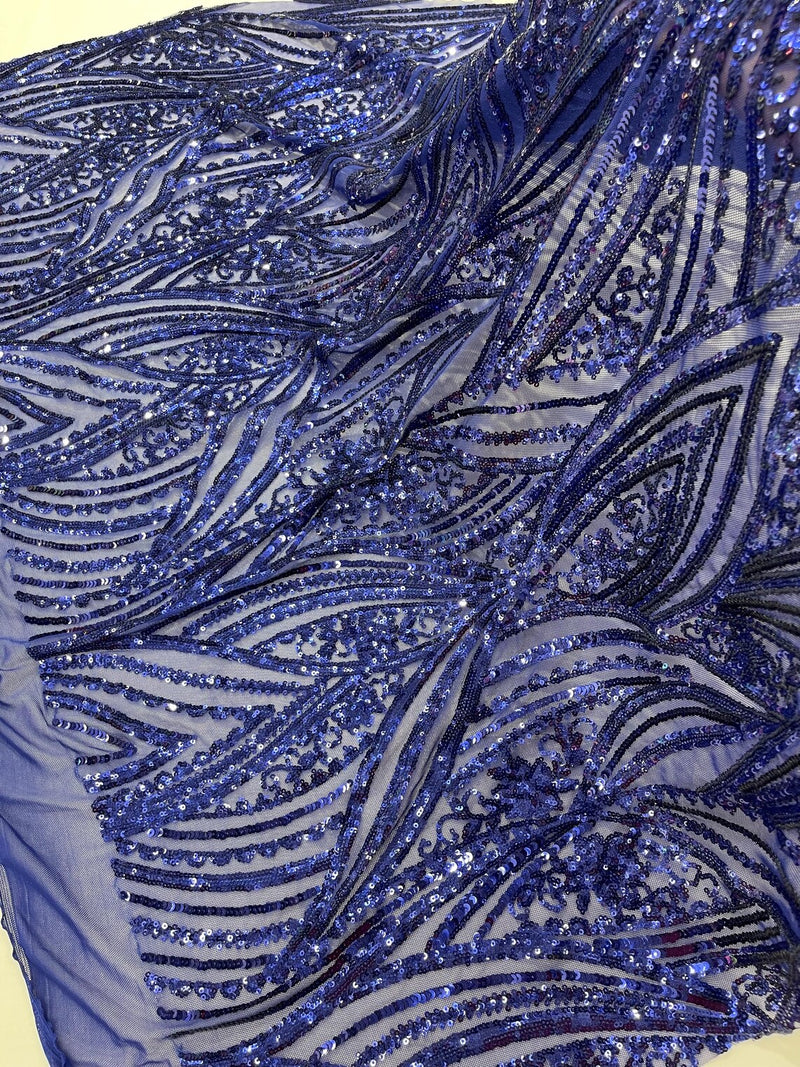 Curvy Design Sequins Fabric - Dark Royal Blue - 4 Way Stretch Curvy Sequins Design Mesh Fabric by Yard