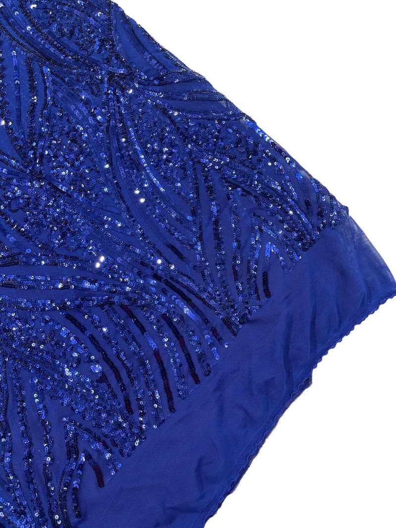 Curvy Design Sequins Fabric - Dark Royal Blue - 4 Way Stretch Curvy Sequins Design Mesh Fabric by Yard