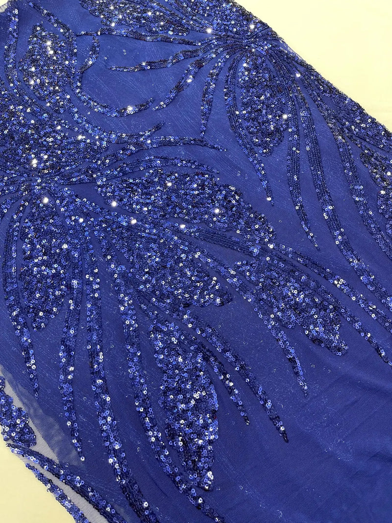 Wavy Leaf Design Fabric - Dark Royal Blue - 4 Way Stretch Sequins Lace Mesh Leaf Design Fabric by Yard