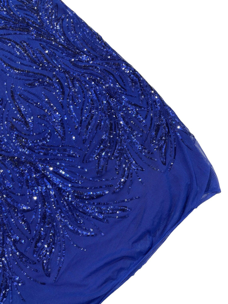 Leaf Stretch Sequins Fabric - Dark Royal Blue - 4 Way Stretch Sequins on Lace Mesh Fabric by Yard