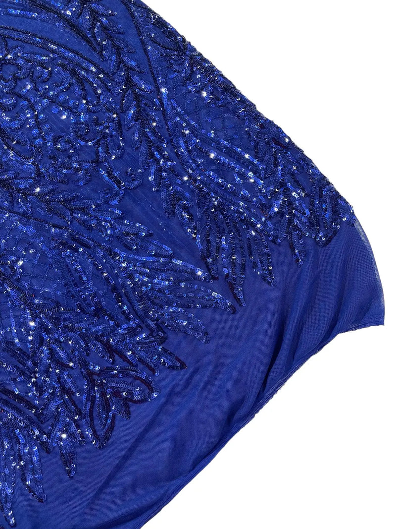 Mermaid Design Fabric - Dark Royal Blue - 4 Way Stretch Sequins Fabric on Lace Mesh Sold By Yard