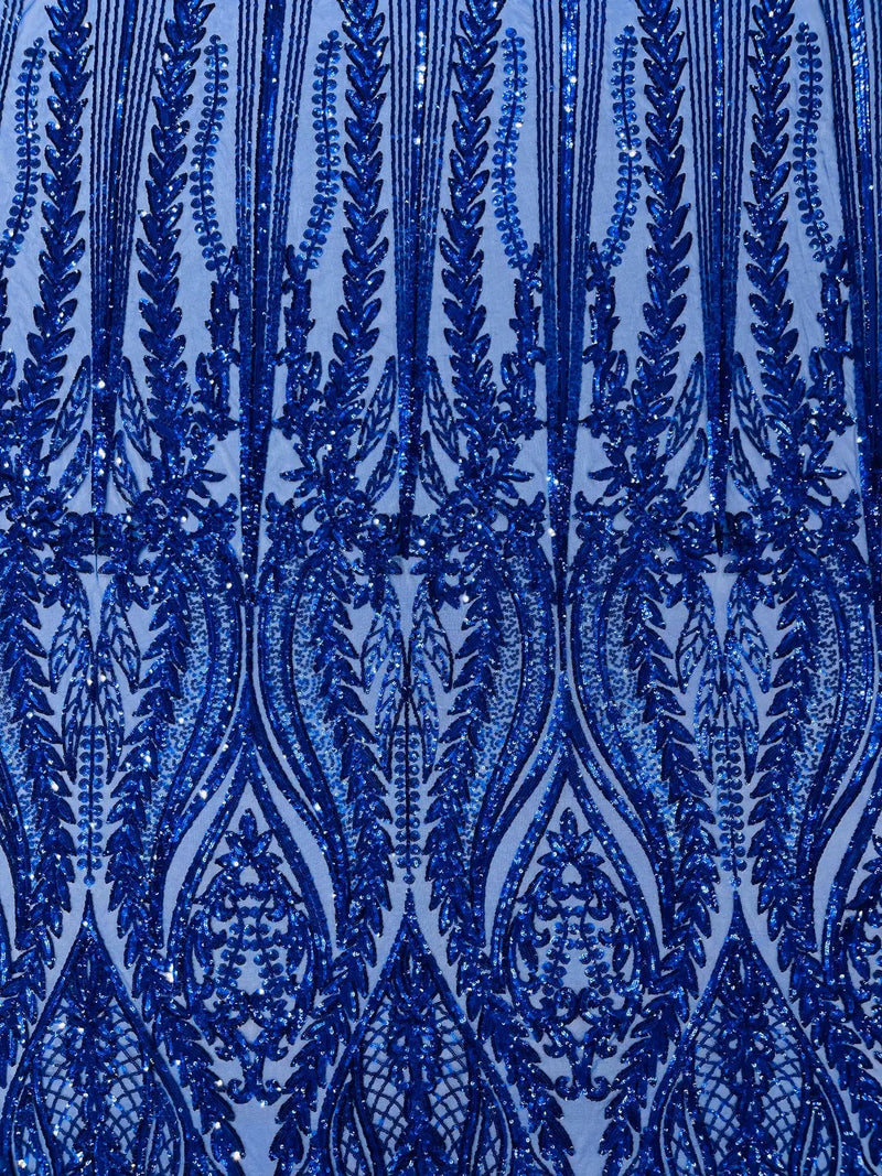 Mermaid Design Fabric - Dark Royal Blue - 4 Way Stretch Sequins Fabric on Lace Mesh Sold By Yard