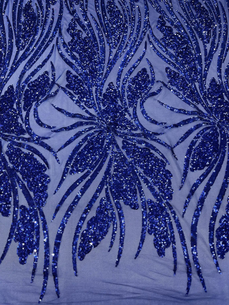 Wavy Leaf Design Fabric - Dark Royal Blue - 4 Way Stretch Sequins Lace Mesh Leaf Design Fabric by Yard