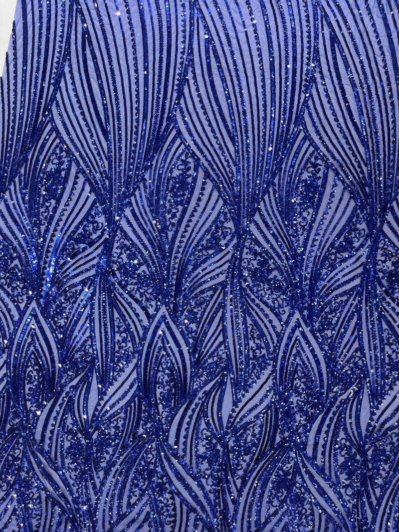 Curvy Design Sequins Fabric - Dark Royal Blue - 4 Way Stretch Curvy Sequins Design Mesh Fabric by Yard